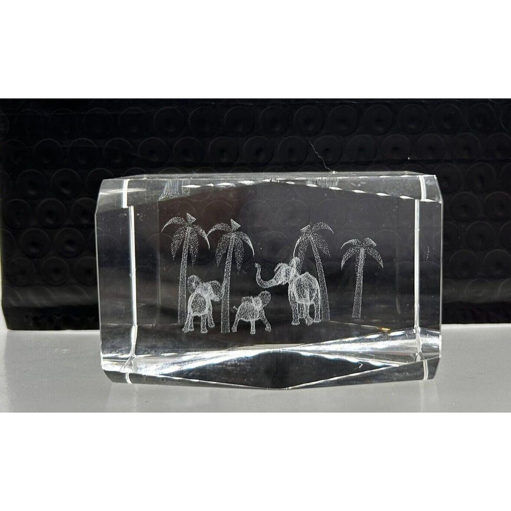 Optical Crystal Elephant Safari Scene Laser Etched Paperweight Desk Decor